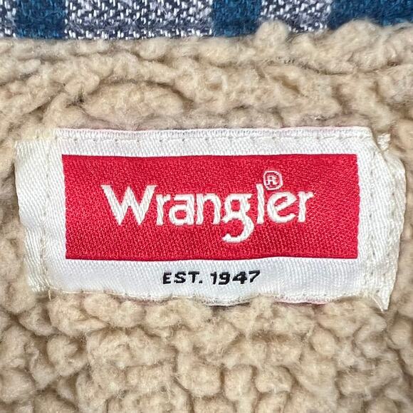 Wrangler Mens Sherpa Lined Flannel Shacket Blue Plaid Jacket 2XL - Picture 2 of 10